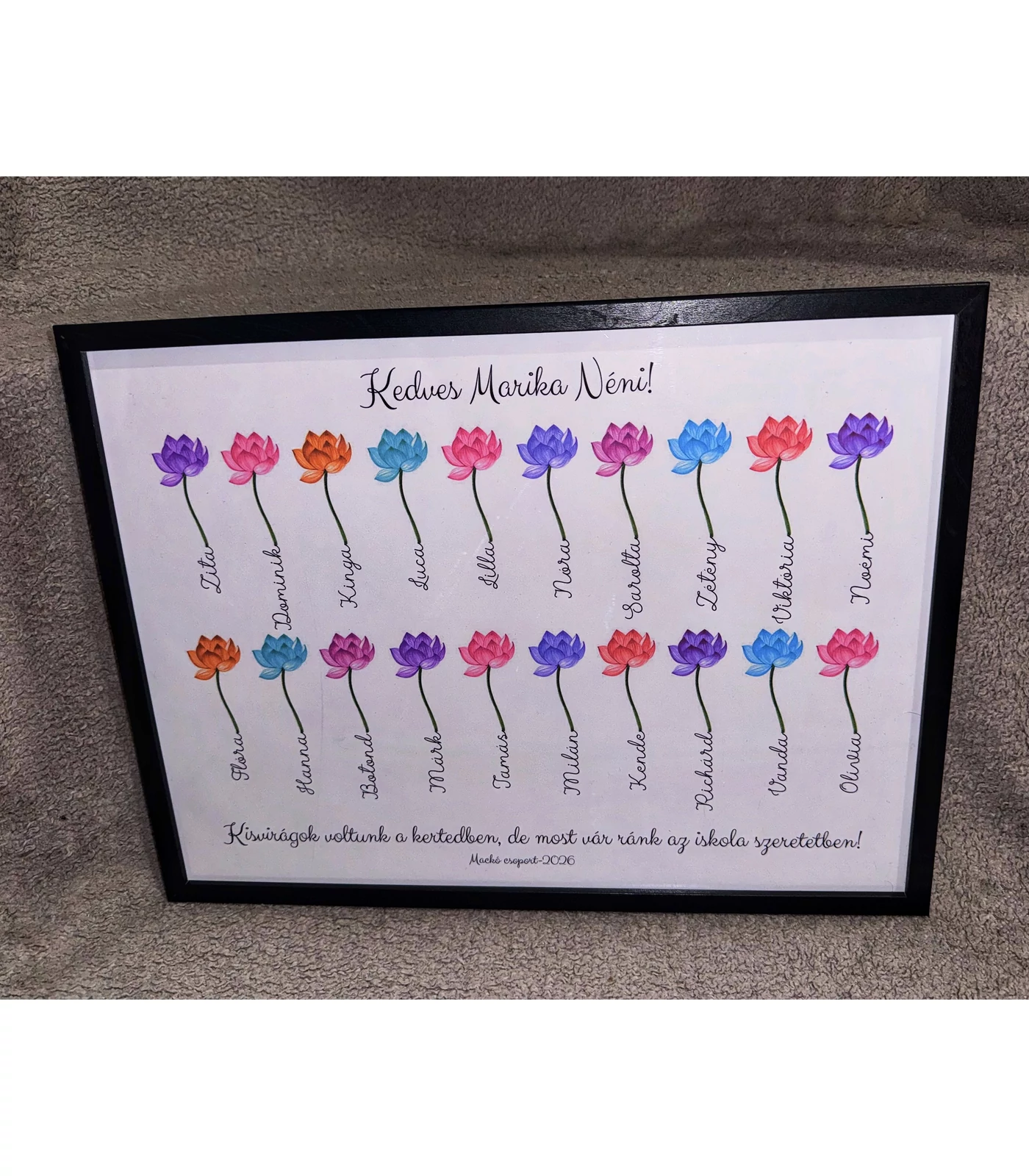 Óvodai ballagási emlékkép – virágos névsoros falikép pedagógusoknak