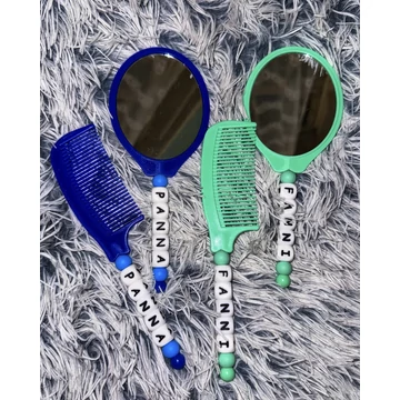 Névre szóló fésű–tükör szett gyöngyös díszítéssel